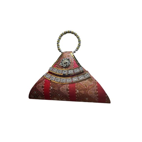Unknown Handbags - Vintage Triangle Fun Party Hippy Mirrored Boho Mini Handbag Beaded Handle 70s
